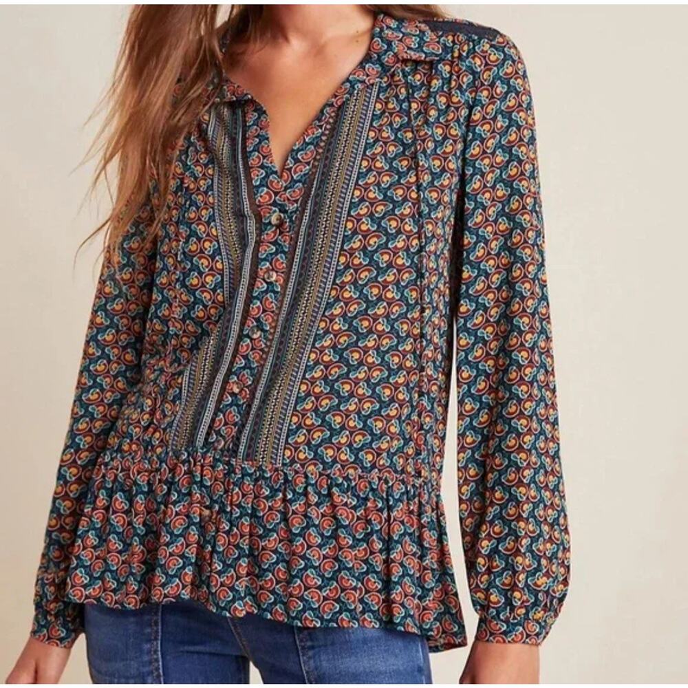 Athropologie Maeve Floral Blouse Womens 0 XS Bohemian Peasant Cottagecore Lace